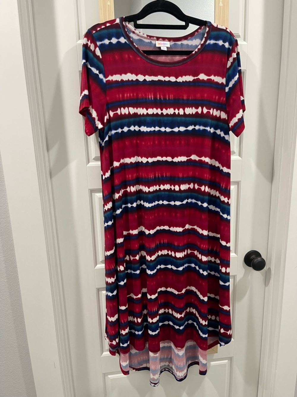 LuLaRoe High-Low Dress in Red, Navy & White Tie-Dye Stripe